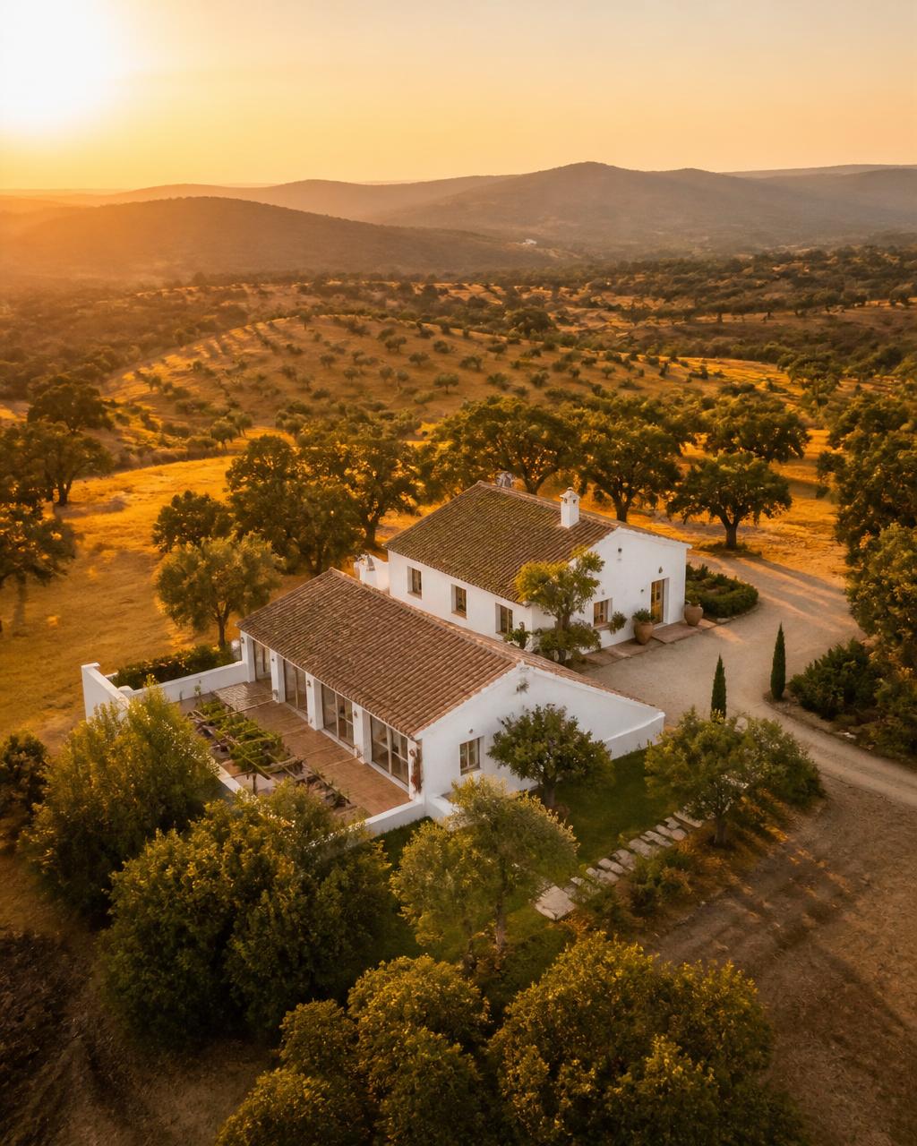 Herdade portuguesa em Alentejo ao pôr do sol