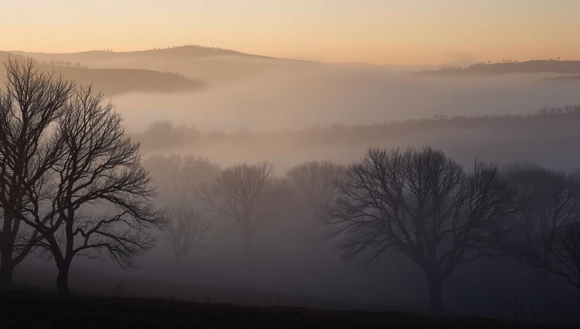 Paisagem rural envolta em nevoeiro ao amanhecer